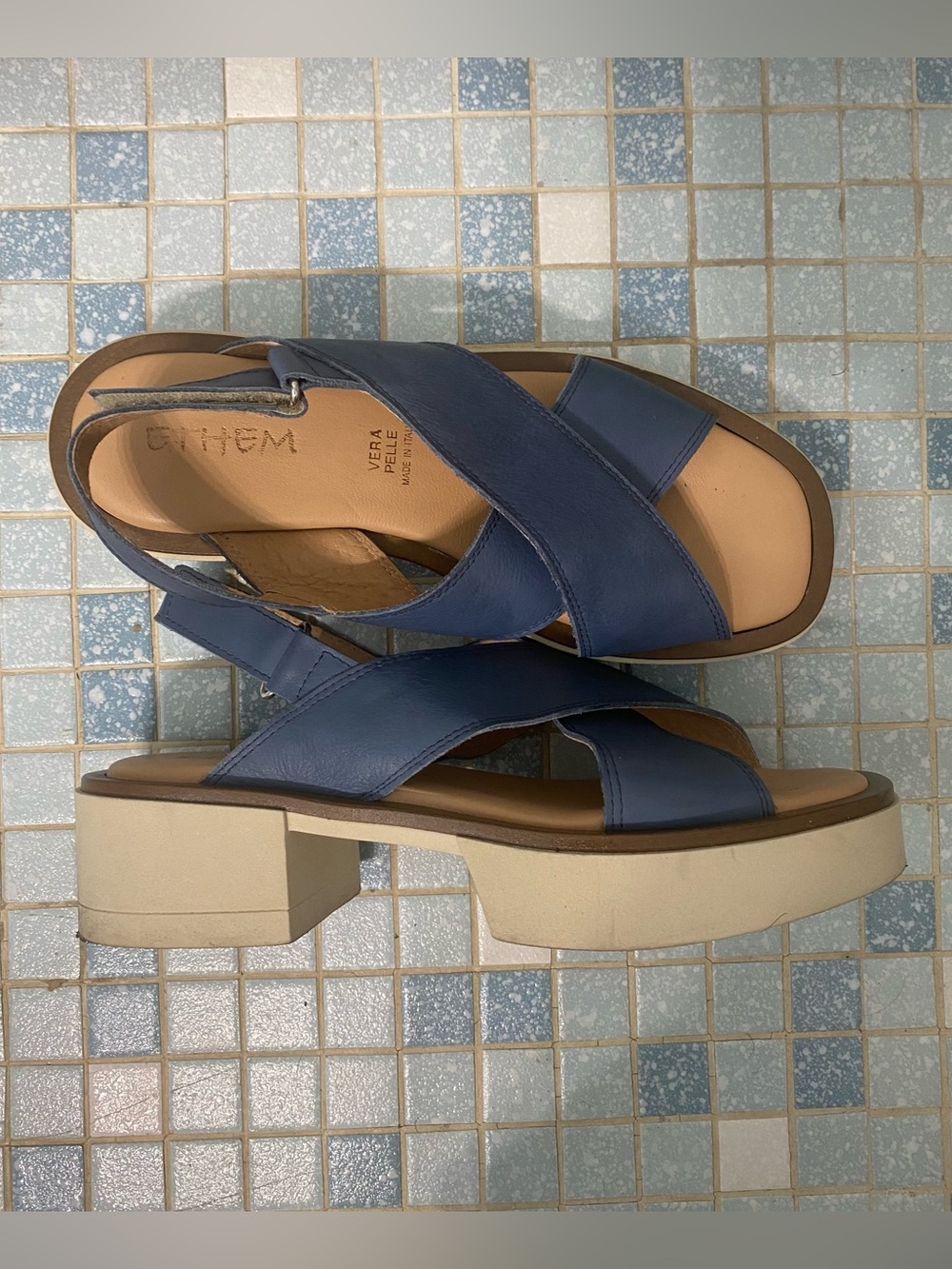 Ethem - Vera Pelle Italy Blue Leather Cross-Strap Sling-Back Platform Sandals